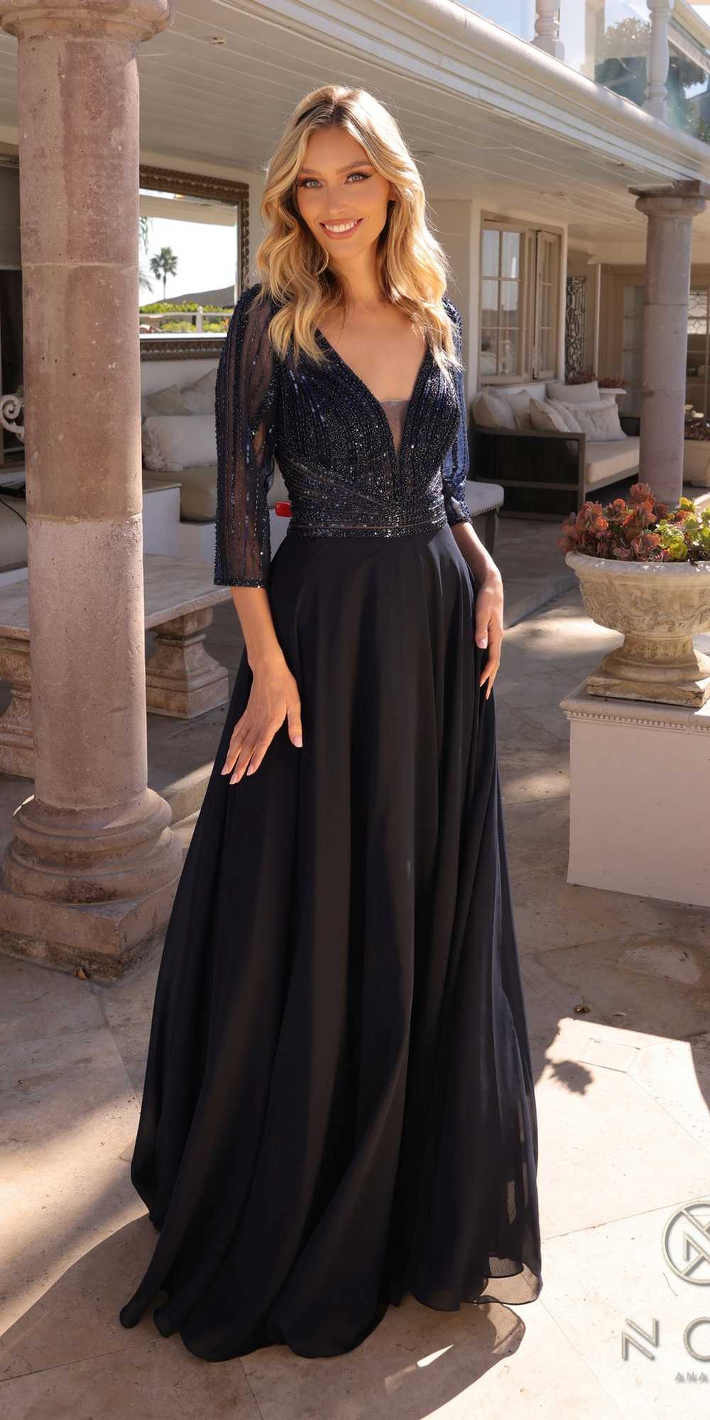 Nox Anabel MF101 Long V-Neck Embellished Bodice 3/4 Sleeve A-line Gown by DiscountDressShop