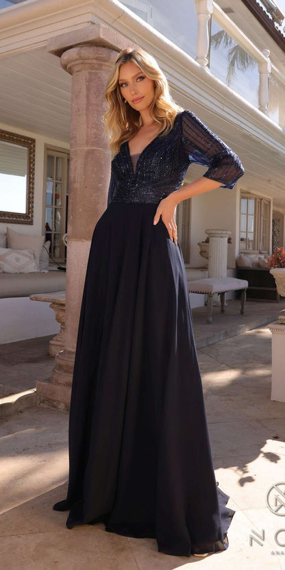 Nox Anabel MF101 Long V-Neck Embellished Bodice 3/4 Sleeve A-line Gown by DiscountDressShop