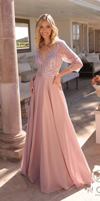 Nox Anabel MF101 Long V-Neck Embellished Bodice 3/4 Sleeve A-line Gown by DiscountDressShop