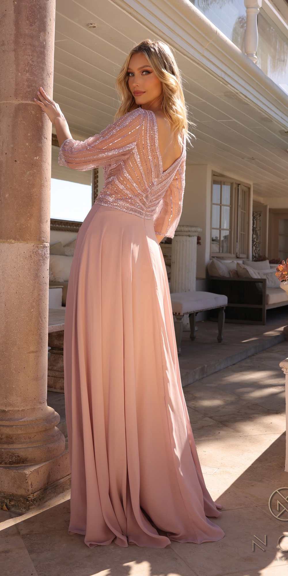 Nox Anabel MF101 Long V-Neck Embellished Bodice 3/4 Sleeve A-line Gown by DiscountDressShop