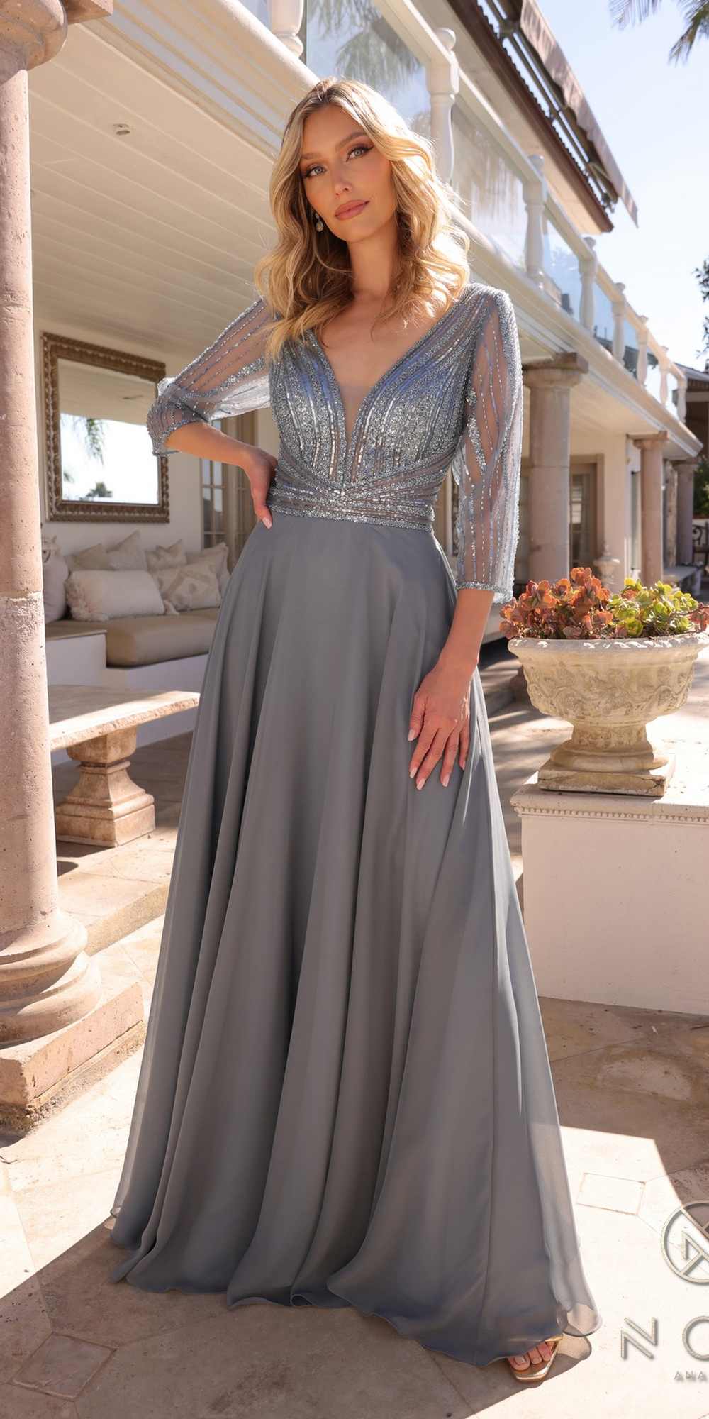 Nox Anabel MF101 Long V-Neck Embellished Bodice 3/4 Sleeve A-line Gown by DiscountDressShop
