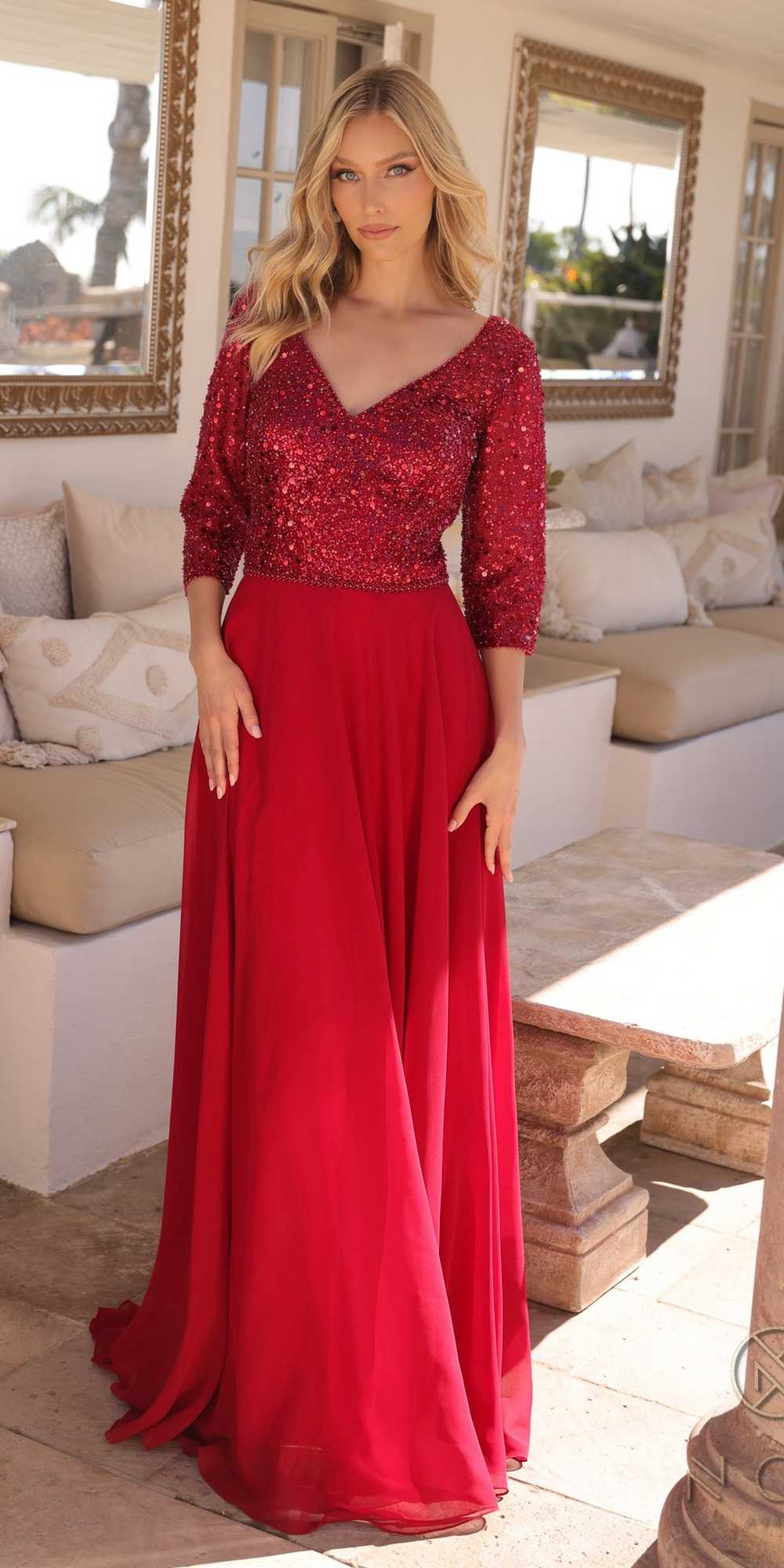 Nox Anabel MF103 Long Sequin Bodice 3/4 Sleeve A-line Gown by DiscountDressShop