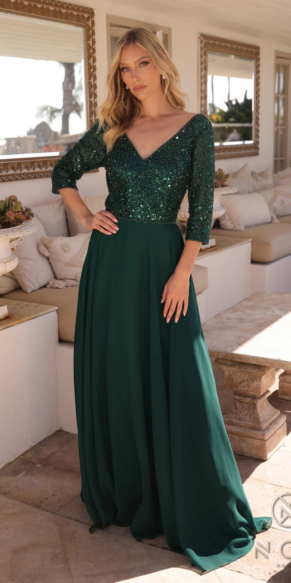 Nox Anabel MF103 Long Sequin Bodice 3/4 Sleeve A-line Gown by DiscountDressShop