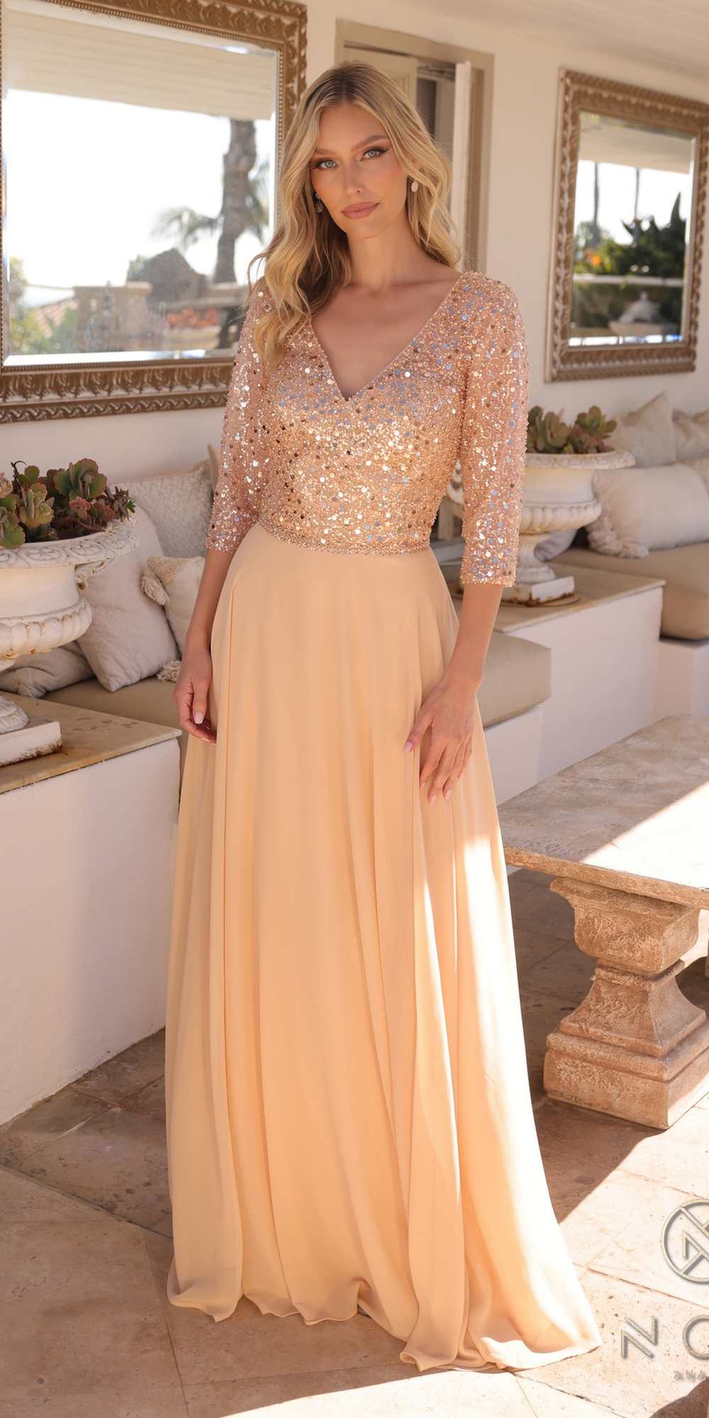 Nox Anabel MF103 Long Sequin Bodice 3/4 Sleeve A-line Gown by DiscountDressShop