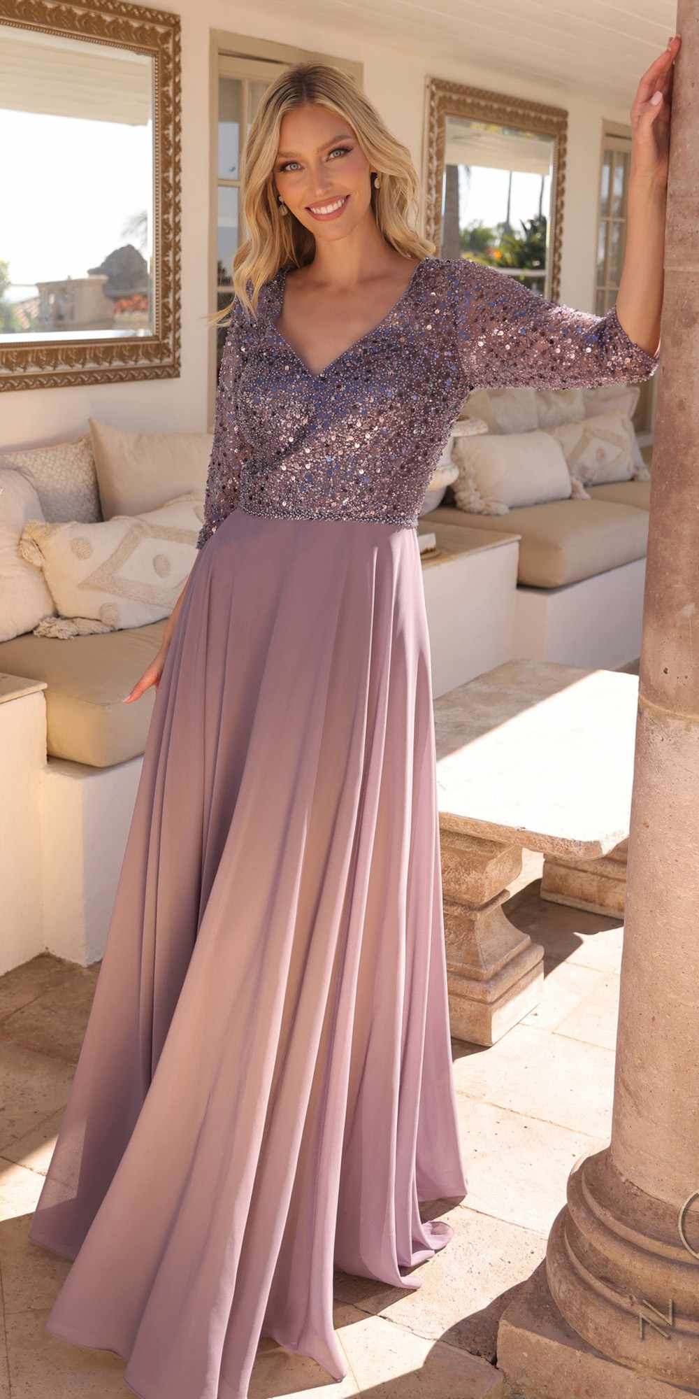 Nox Anabel MF103 Long Sequin Bodice 3/4 Sleeve A-line Gown by DiscountDressShop