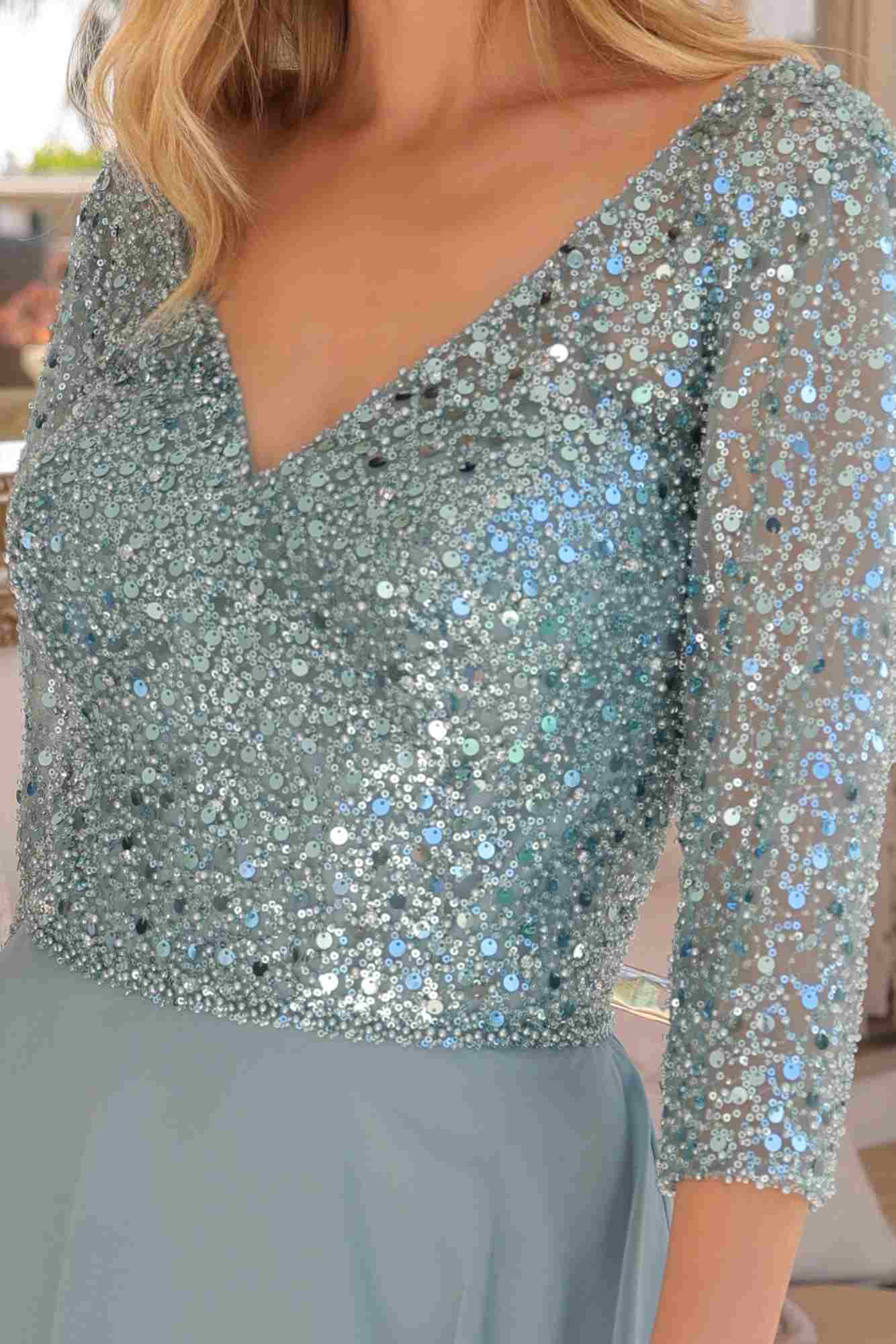 Nox Anabel MF104 Tea Length Sequin Bodice Short 3/4 Sleeve Dress by DiscountDressShop
