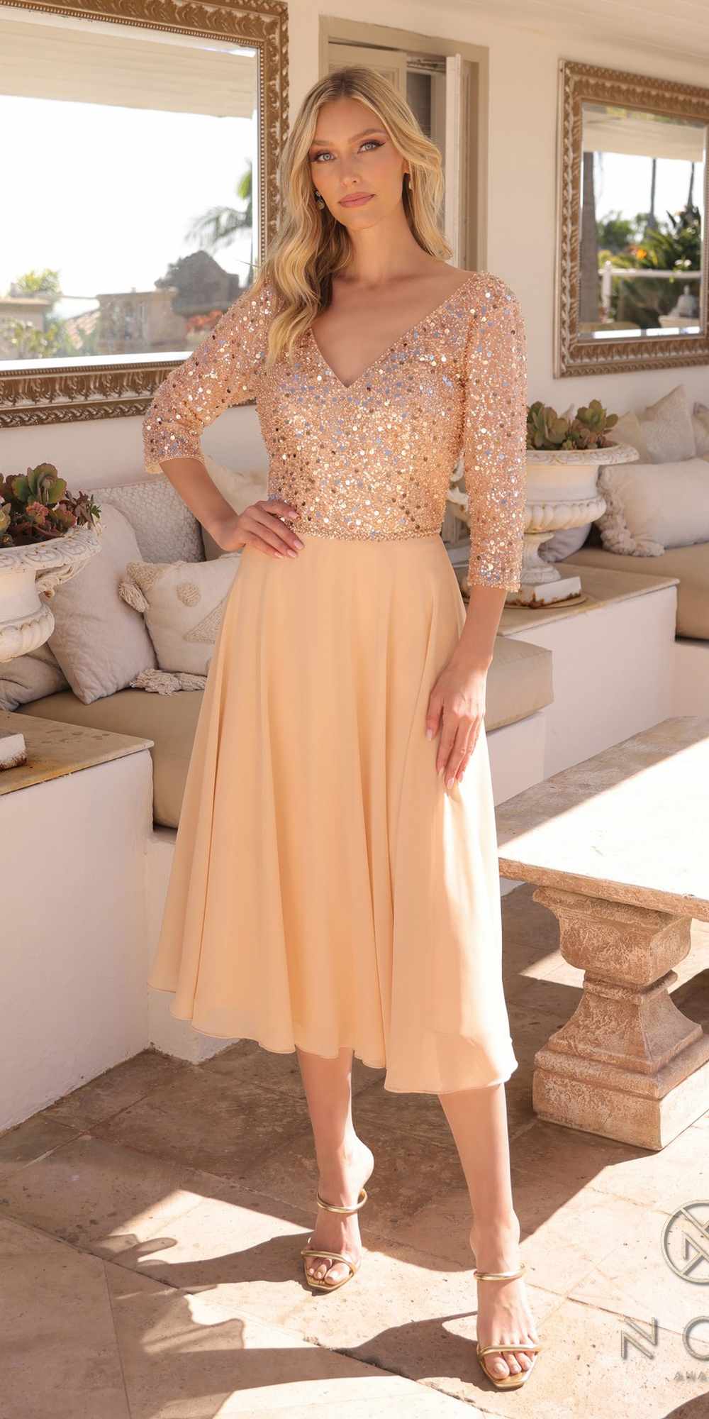 Nox Anabel MF104 Tea Length Sequin Bodice Short 3/4 Sleeve Dress by DiscountDressShop