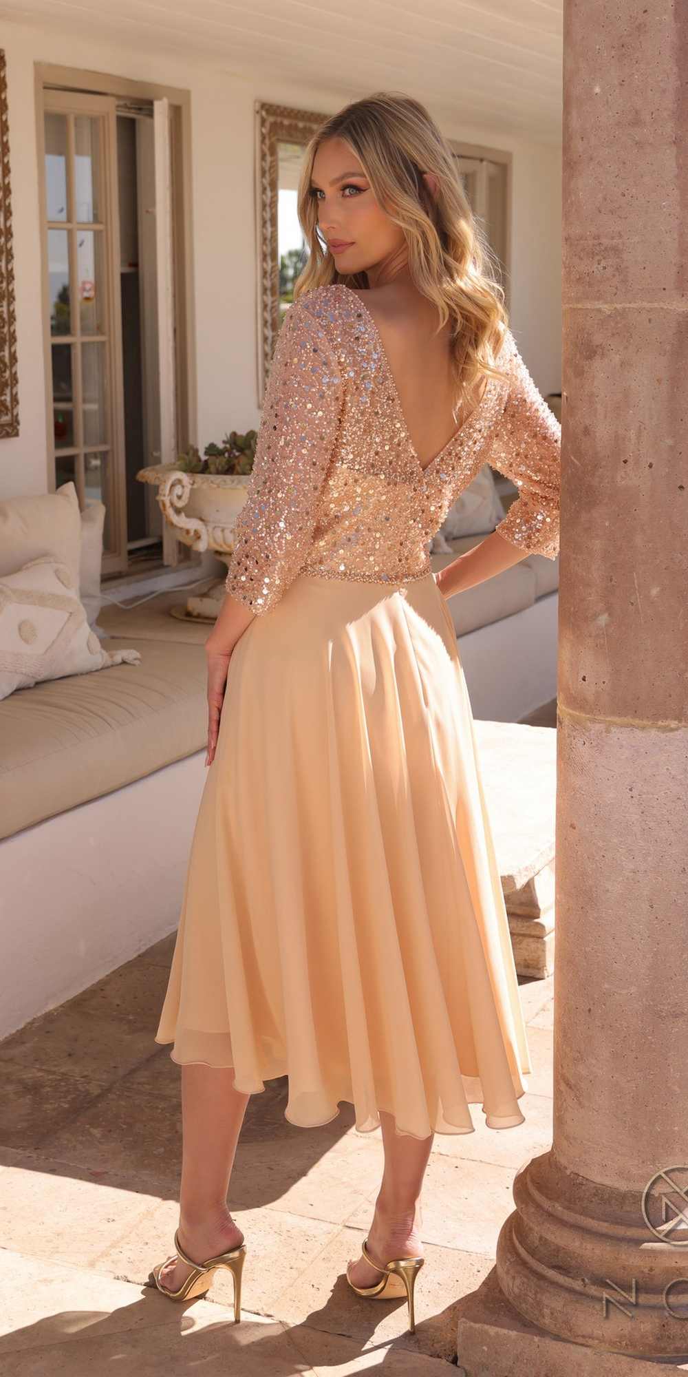 Nox Anabel MF104 Tea Length Sequin Bodice Short 3/4 Sleeve Dress by DiscountDressShop
