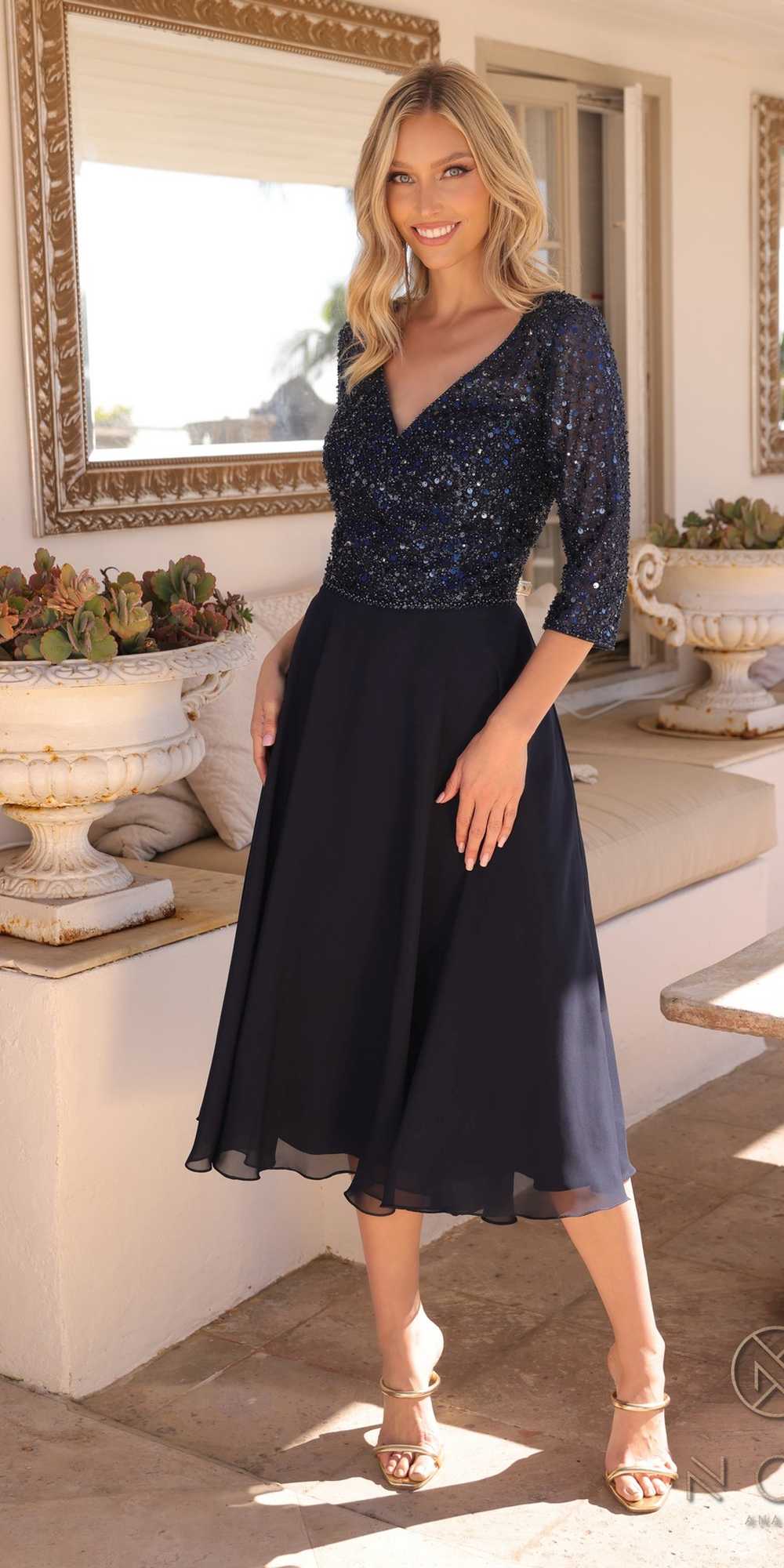 Nox Anabel MF104 Tea Length Sequin Bodice Short 3/4 Sleeve Dress by DiscountDressShop