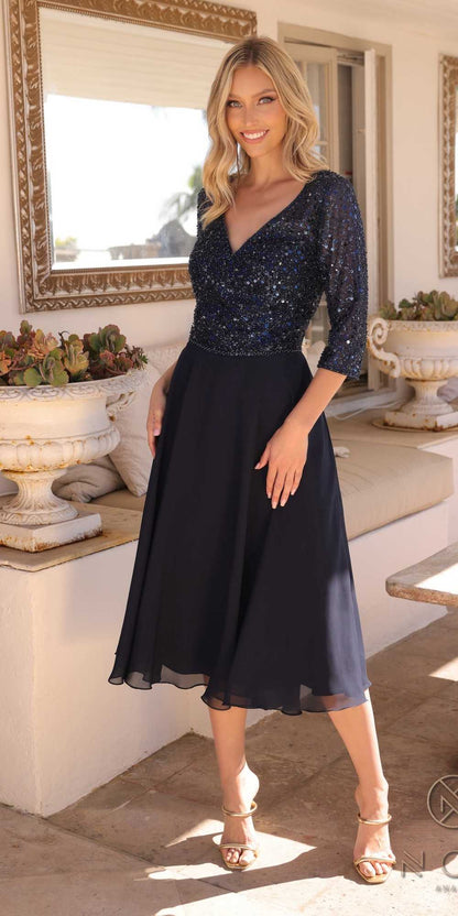 Nox Anabel MF104 Tea Length Sequin Bodice Short 3/4 Sleeve Dress by DiscountDressShop