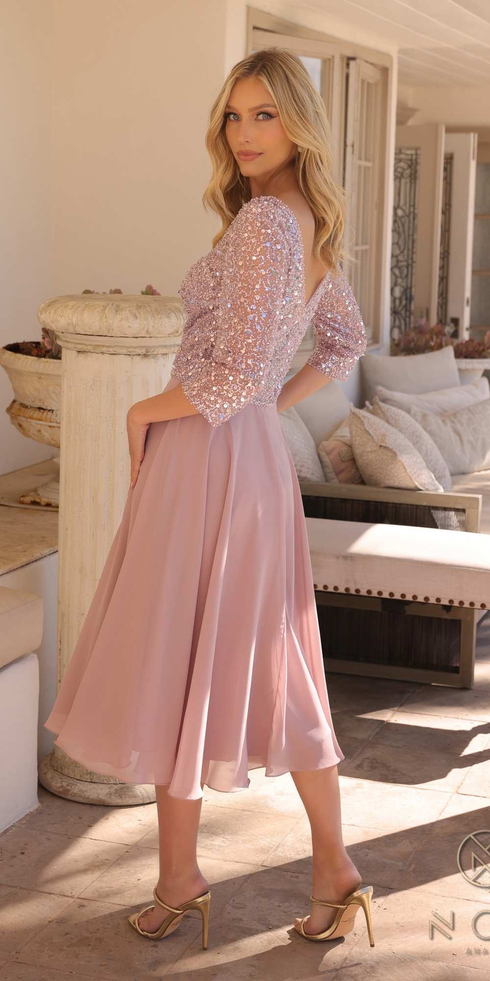 Nox Anabel MF104 Tea Length Sequin Bodice Short 3/4 Sleeve Dress by DiscountDressShop