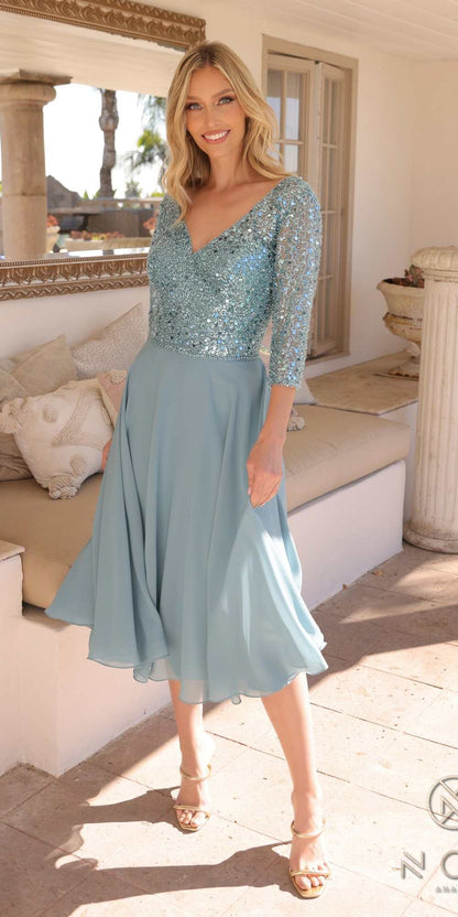 Nox Anabel MF104 Tea Length Sequin Bodice Short 3/4 Sleeve Dress by DiscountDressShop