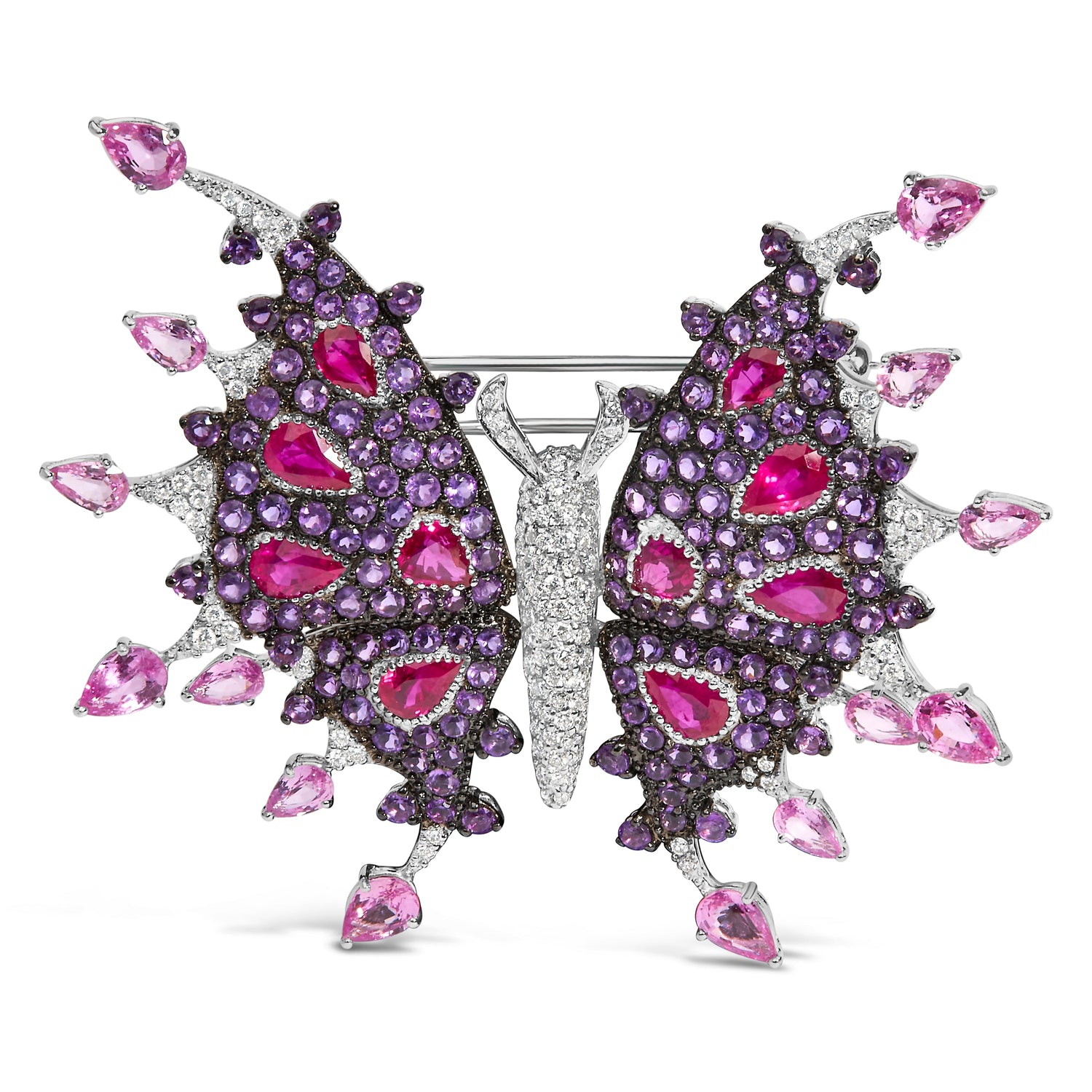 18K White Gold 1.00 Cttw Diamond, Ruby Sapphire, and Amethyst Mixed Gemstone Butterfly Brooch Pin (G-H Color, VS1-VS2 Clarity) by Bids.com