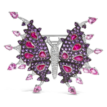 18K White Gold 1.00 Cttw Diamond, Ruby Sapphire, and Amethyst Mixed Gemstone Butterfly Brooch Pin (G-H Color, VS1-VS2 Clarity) by Bids.com
