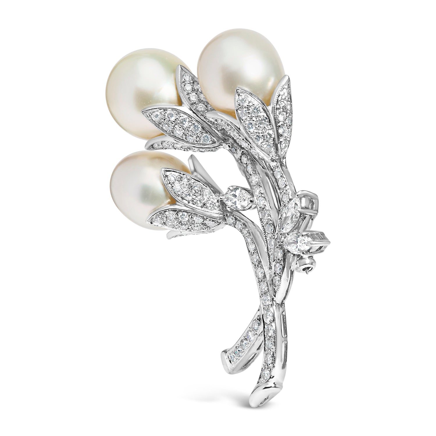 18K White Gold 2 1/5 Cttw Diamond and South Sea Pearl Floral Brooch Pin (G-H Color, VS1-VS2 Clarity) by Bids.com