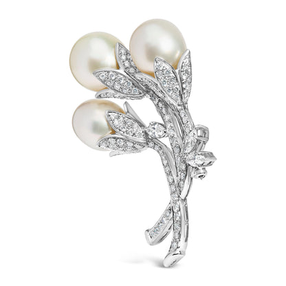 18K White Gold 2 1/5 Cttw Diamond and South Sea Pearl Floral Brooch Pin (G-H Color, VS1-VS2 Clarity) by Bids.com