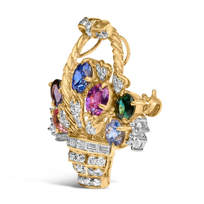 18K Yellow Gold 1 1/10 Cttw Diamond and Mixed Gemstone Floral Bouquet Pendant and Brooch Pin (G-H Color, VS1-VS2 Clarity) by Bids.com