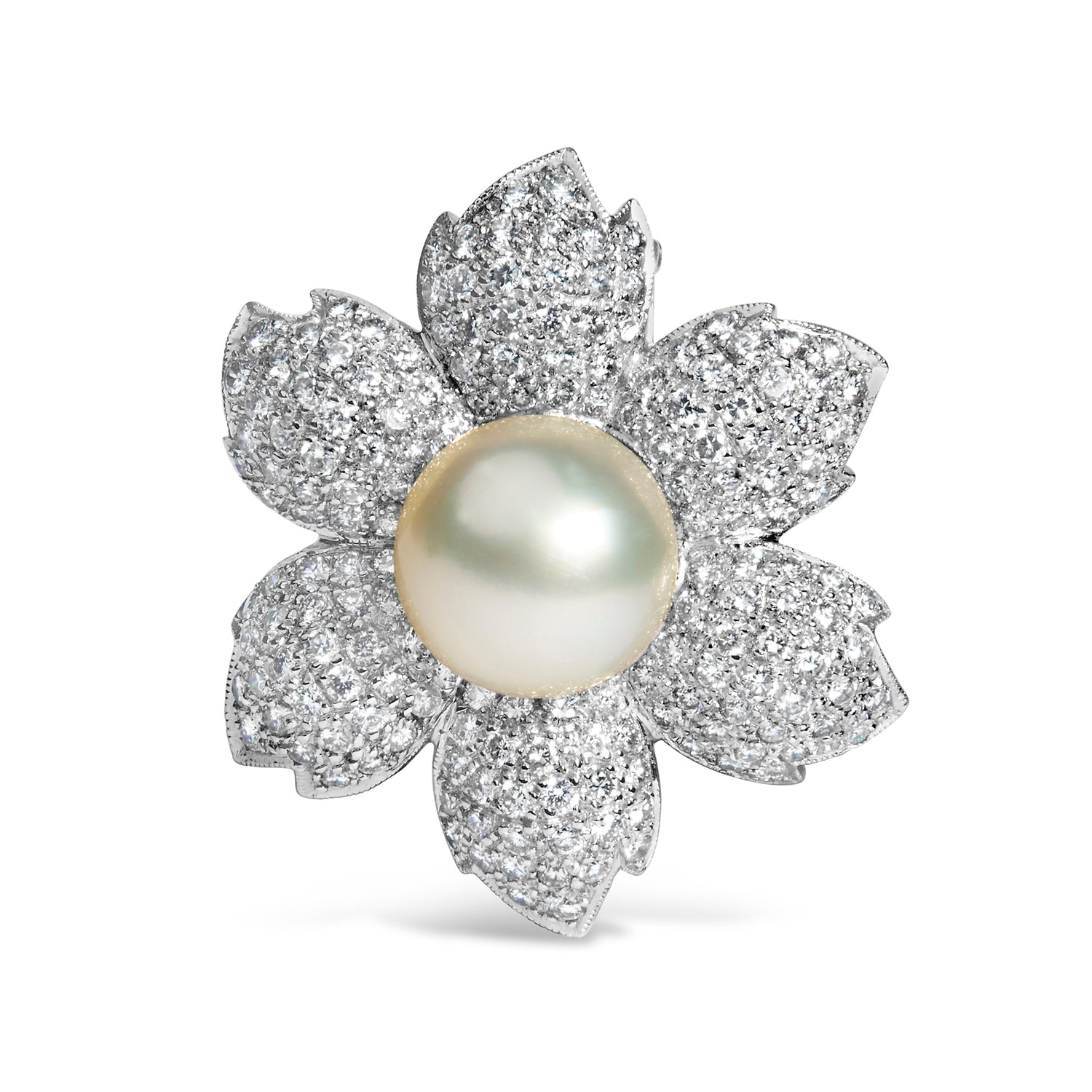 18K White Gold 2 3/4 Cttw Diamond and 12.5 MM Cultured Freshwater Pearl Floral Brooch Pin (G-H Color, VS1-VS2 Clarity) by Bids.com