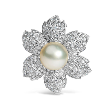 18K White Gold 2 3/4 Cttw Diamond and 12.5 MM Cultured Freshwater Pearl Floral Brooch Pin (G-H Color, VS1-VS2 Clarity) by Bids.com