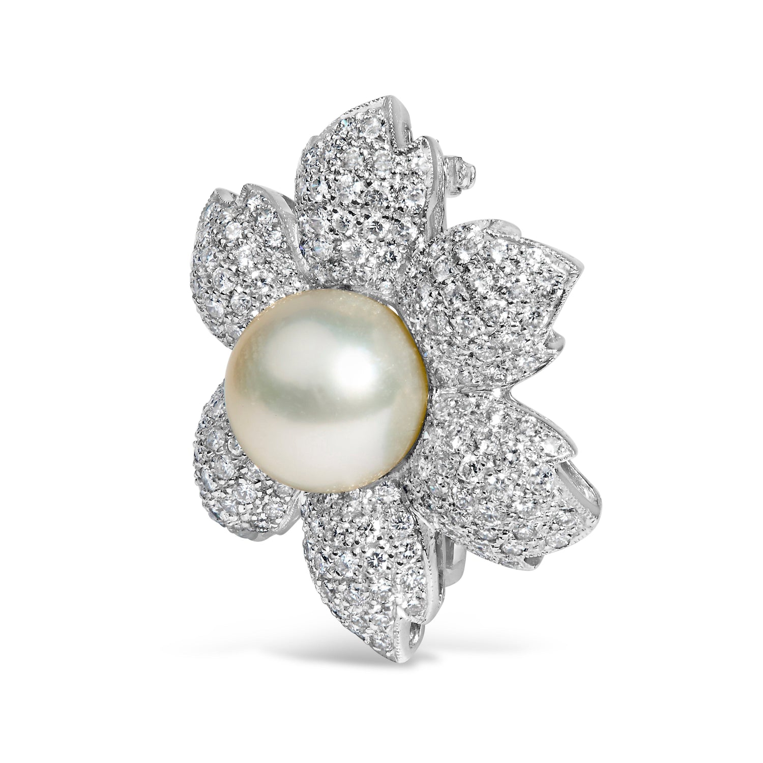 18K White Gold 2 3/4 Cttw Diamond and 12.5 MM Cultured Freshwater Pearl Floral Brooch Pin (G-H Color, VS1-VS2 Clarity) by Bids.com