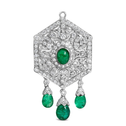 18K 2 3/4 Cttw Diamond and Emerald Dangle Art Deco Shield Brooch Pin Pendant (G-H Color, VS1-VS2 Clarity) CHAIN NOT INCLUDED by Bids.com