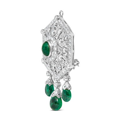 18K 2 3/4 Cttw Diamond and Emerald Dangle Art Deco Shield Brooch Pin Pendant (G-H Color, VS1-VS2 Clarity) CHAIN NOT INCLUDED by Bids.com