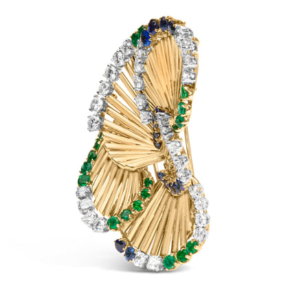 18K Yellow Gold 2 1/3 Cttw Diamond, Sapphire, and Emerald Sculpted Petal Brooch Pin (G-H Color, VS1-VS2 Clarity) by Bids.com