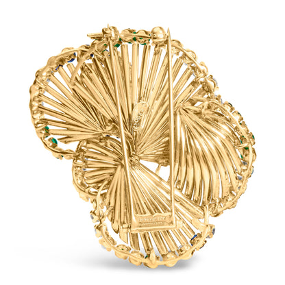 18K Yellow Gold 2 1/3 Cttw Diamond, Sapphire, and Emerald Sculpted Petal Brooch Pin (G-H Color, VS1-VS2 Clarity) by Bids.com