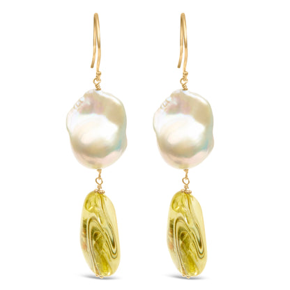 14K Yellow Gold Citrine and Baroque Pearl Drop and Dangle Earrings 1 3/4 Inch Dangle by Bids.com