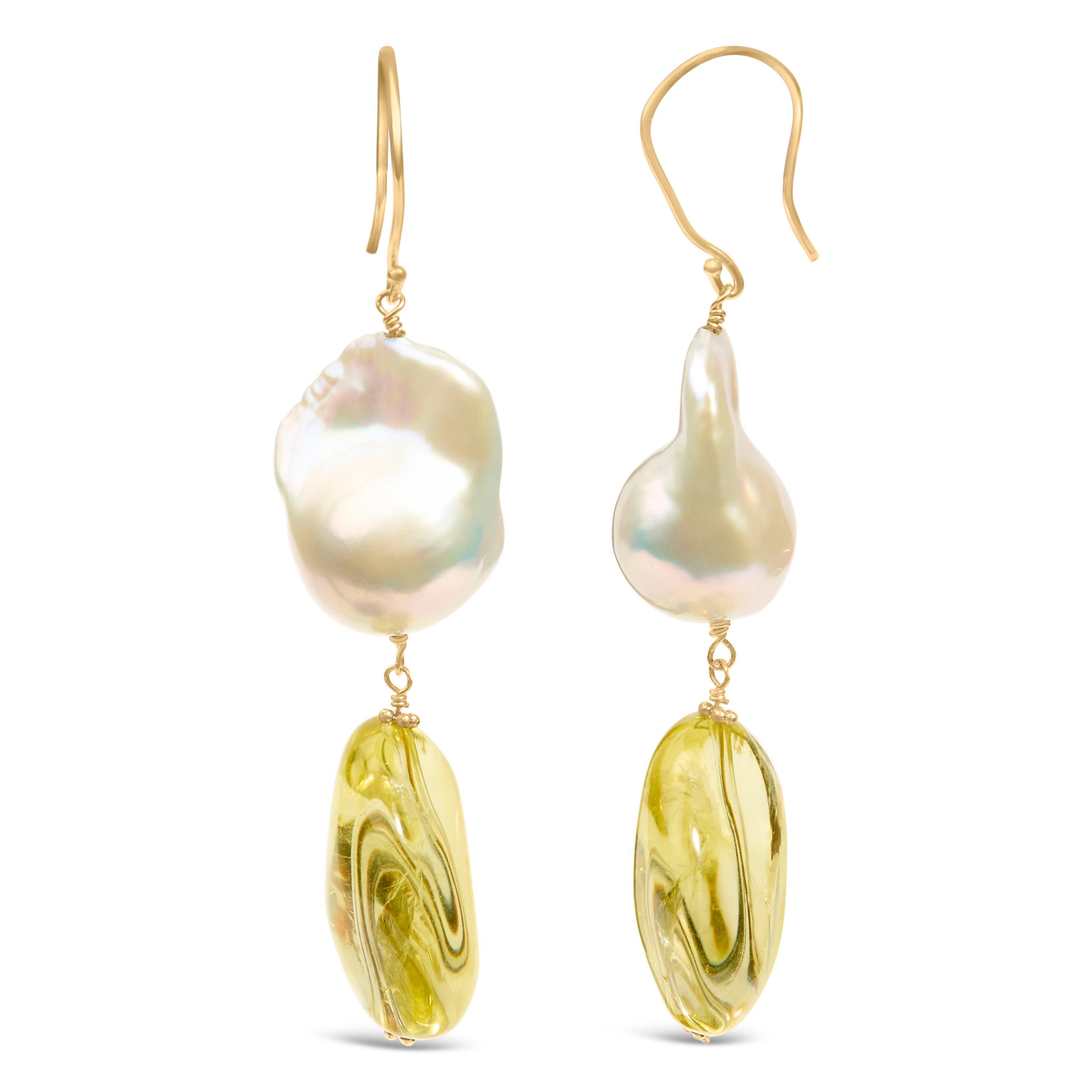 14K Yellow Gold Citrine and Baroque Pearl Drop and Dangle Earrings 1 3/4 Inch Dangle by Bids.com