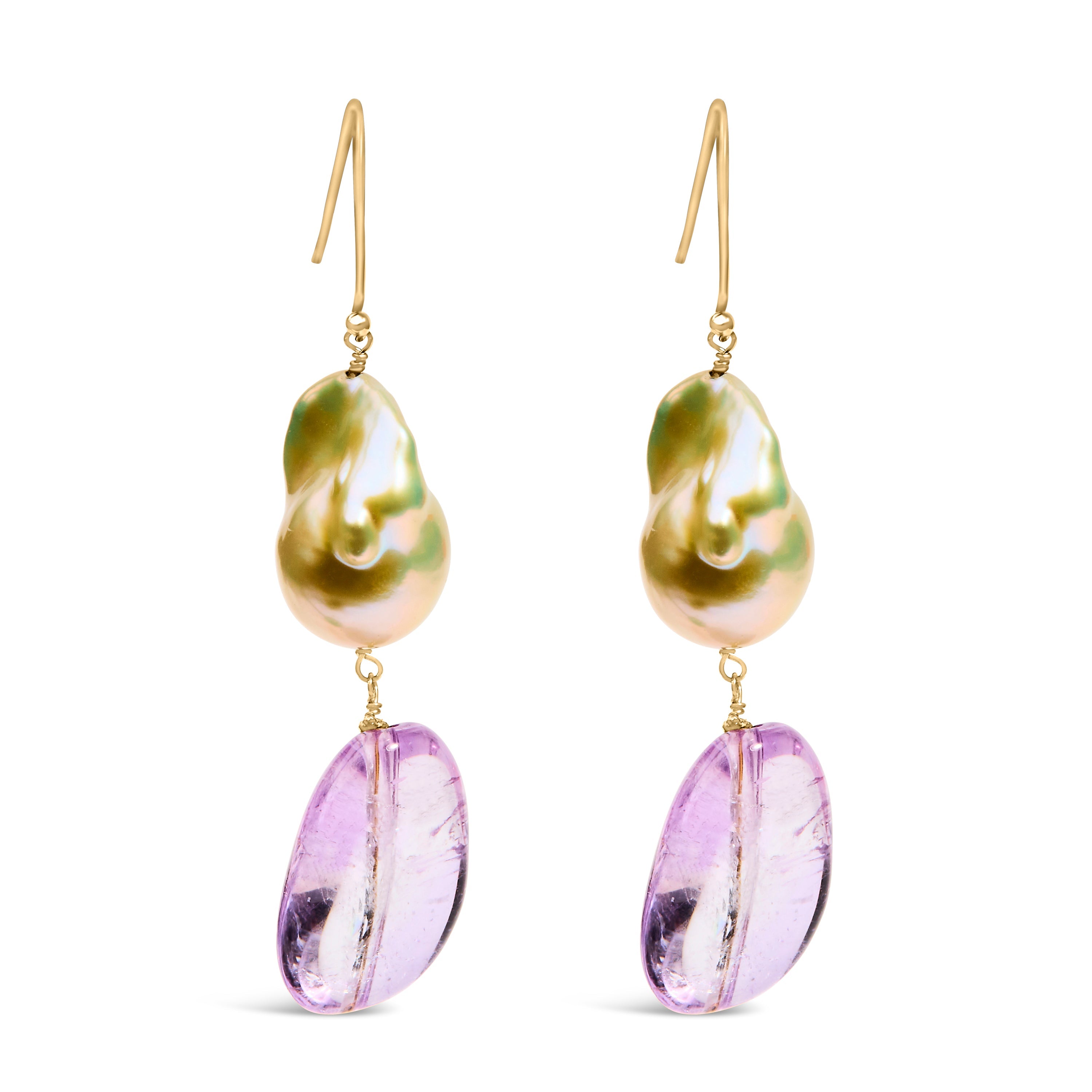 14K Yellow Gold Amethyst and Baroque Pearl Drop and Dangle Earrings 2" Inch Dangle Length by Bids.com