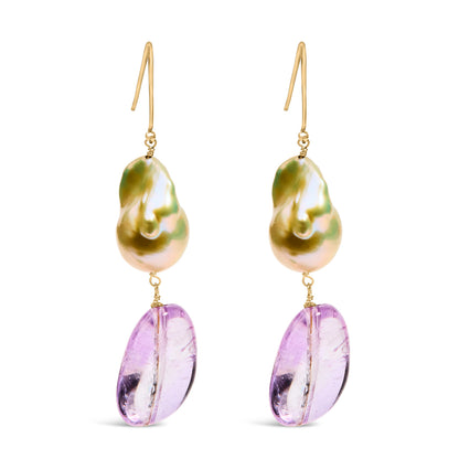 14K Yellow Gold Amethyst and Baroque Pearl Drop and Dangle Earrings 2" Inch Dangle Length by Bids.com