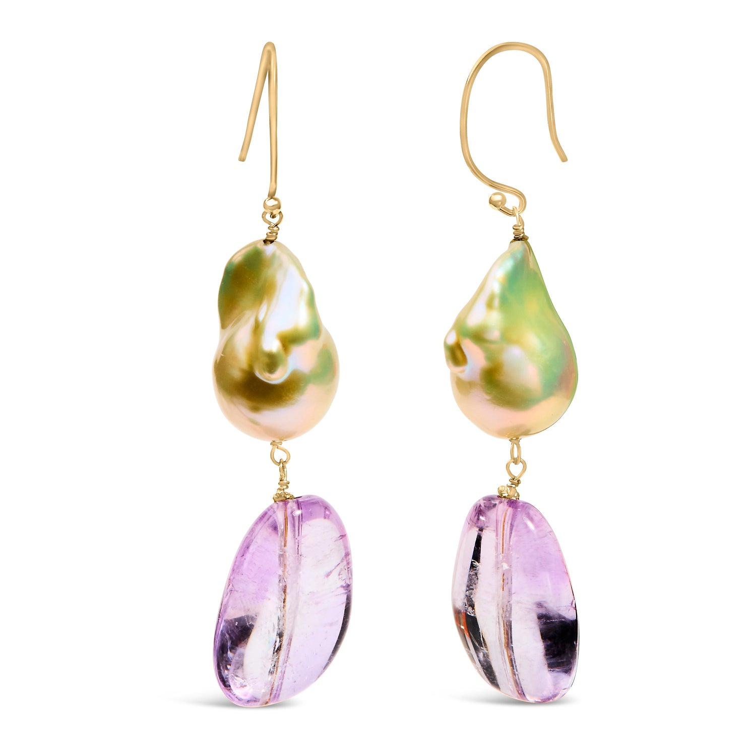 14K Yellow Gold Amethyst and Baroque Pearl Drop and Dangle Earrings 2" Inch Dangle Length by Bids.com