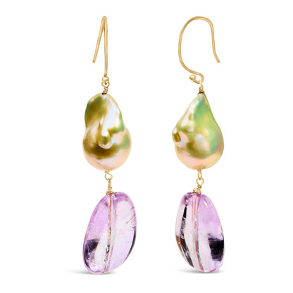 14K Yellow Gold Amethyst and Baroque Pearl Drop and Dangle Earrings 2" Inch Dangle Length by Bids.com