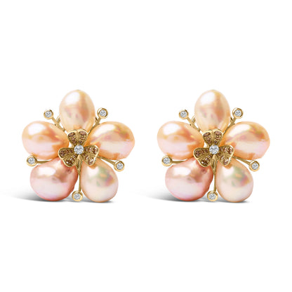 18K Rose Gold 3/8 Cttw Diamond and Freshwater Pearl Blossom Stud Earrings by Bids.com