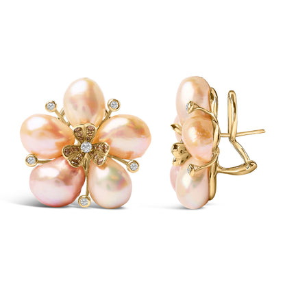 18K Rose Gold 3/8 Cttw Diamond and Freshwater Pearl Blossom Stud Earrings by Bids.com