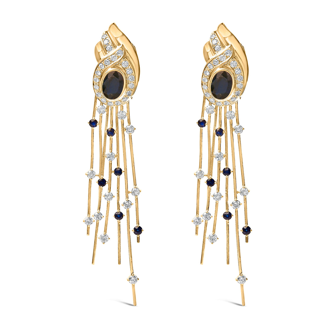 14K Yellow Gold 1.0 Cttw Diamond and Blue Sapphire Chandelier Earrings by Bids.com