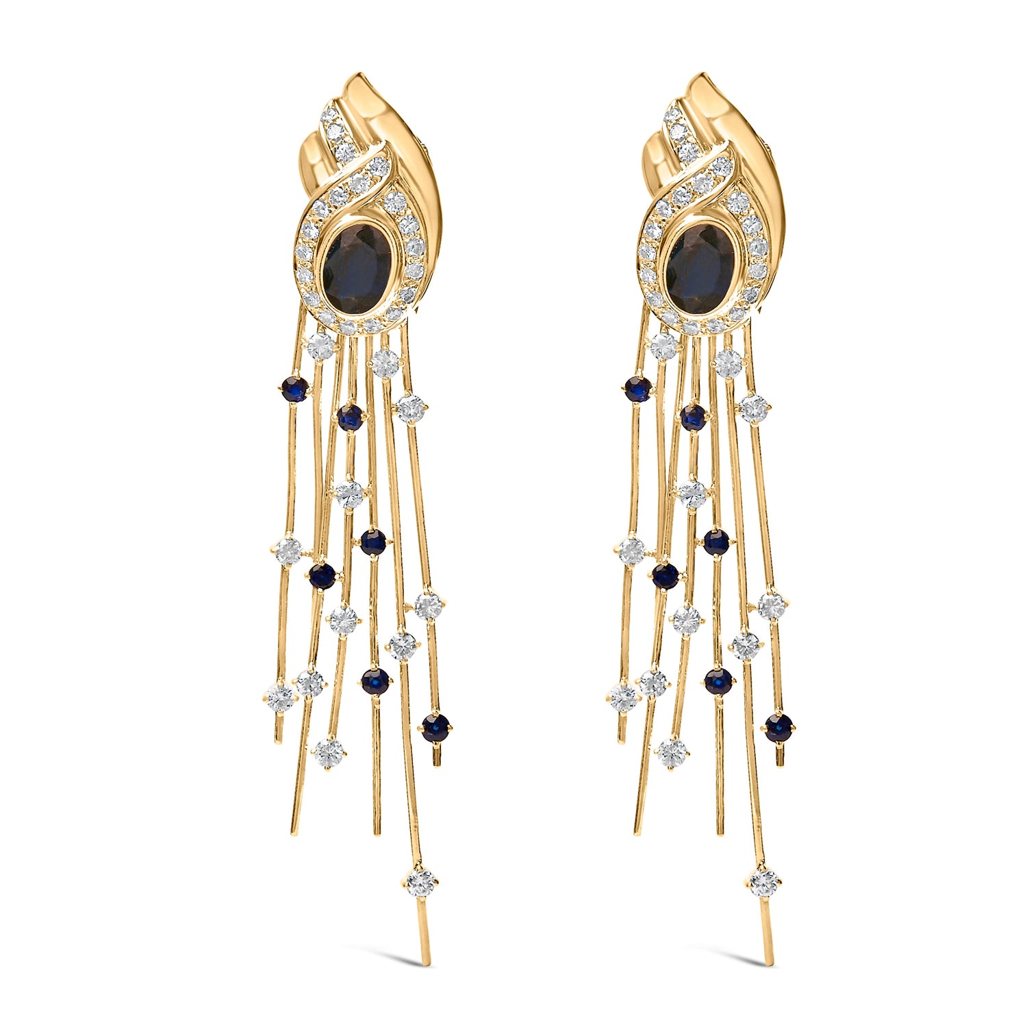 14K Yellow Gold 1.0 Cttw Diamond and Blue Sapphire Chandelier Earrings by Bids.com