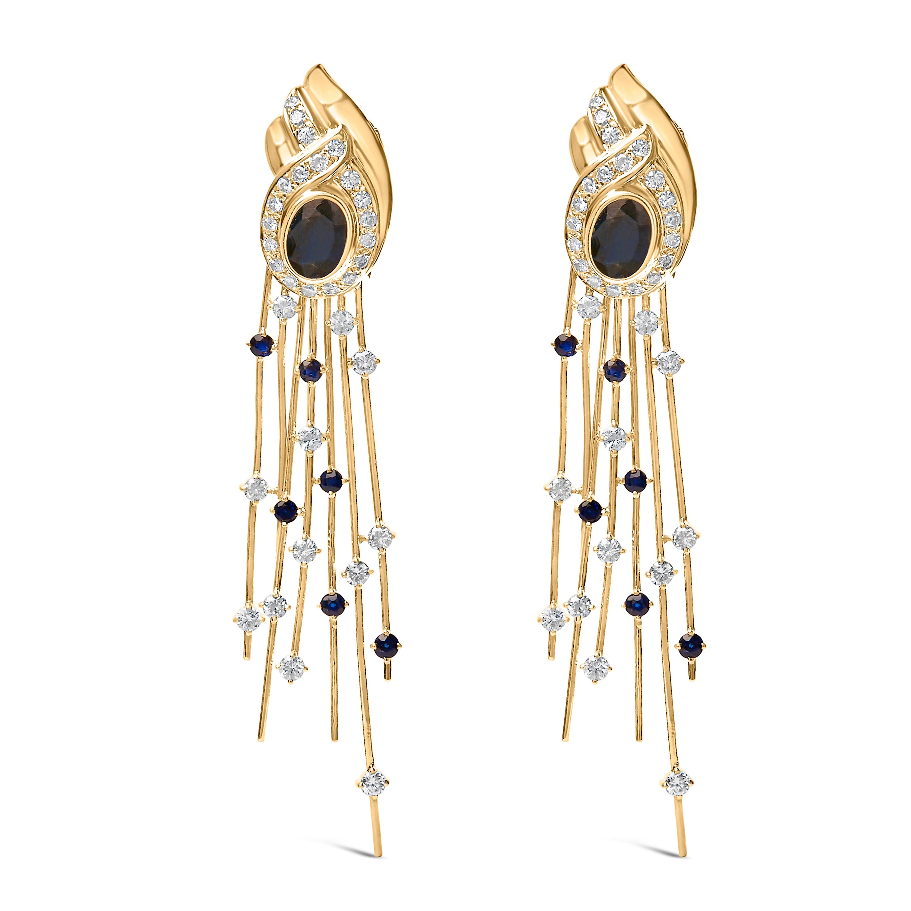 14K Yellow Gold 1.0 Cttw Diamond and Blue Sapphire Chandelier Earrings by Bids.com