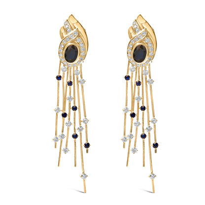 14K Yellow Gold 1.0 Cttw Diamond and Blue Sapphire Chandelier Earrings by Bids.com