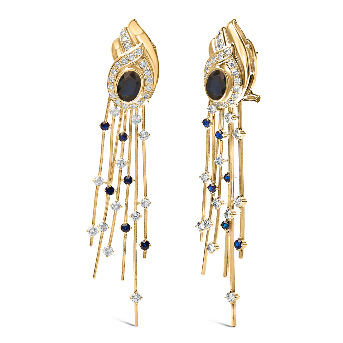 14K Yellow Gold 1.0 Cttw Diamond and Blue Sapphire Chandelier Earrings by Bids.com