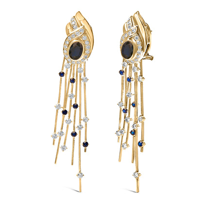 14K Yellow Gold 1.0 Cttw Diamond and Blue Sapphire Chandelier Earrings by Bids.com