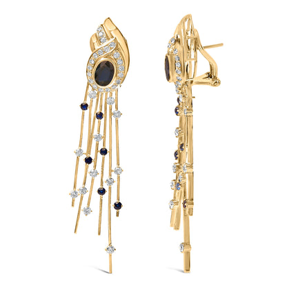 14K Yellow Gold 1.0 Cttw Diamond and Blue Sapphire Chandelier Earrings by Bids.com