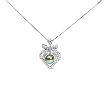 18K 3/4 Cttw Diamond and 12.5 MM Cultured Black Tahitian Pearl Heart Pendant Necklace (G-H Color, SI1-SI2 Clarity) - 18" Inches by Bids.com