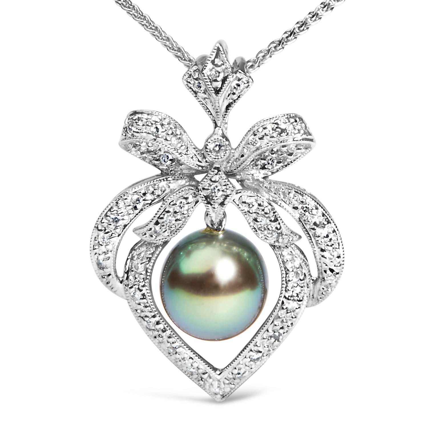 18K 3/4 Cttw Diamond and 12.5 MM Cultured Black Tahitian Pearl Heart Pendant Necklace (G-H Color, SI1-SI2 Clarity) - 18" Inches by Bids.com