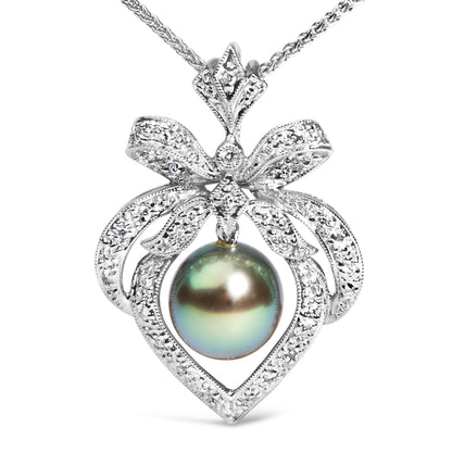 18K 3/4 Cttw Diamond and 12.5 MM Cultured Black Tahitian Pearl Heart Pendant Necklace (G-H Color, SI1-SI2 Clarity) - 18" Inches by Bids.com
