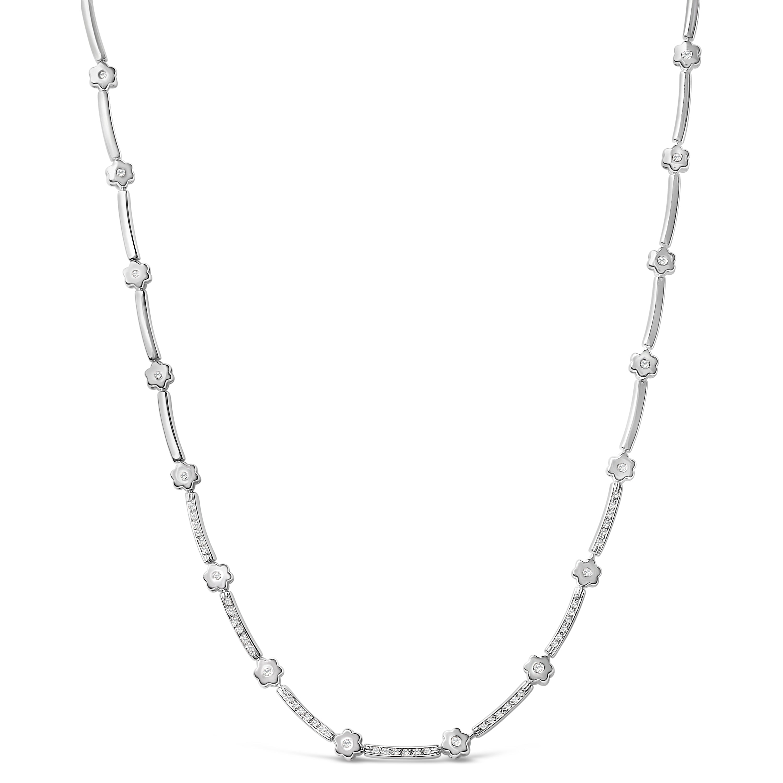 14K White Gold 1.0 Cttw Diamond Flower and Bar Station Necklace by Bids.com