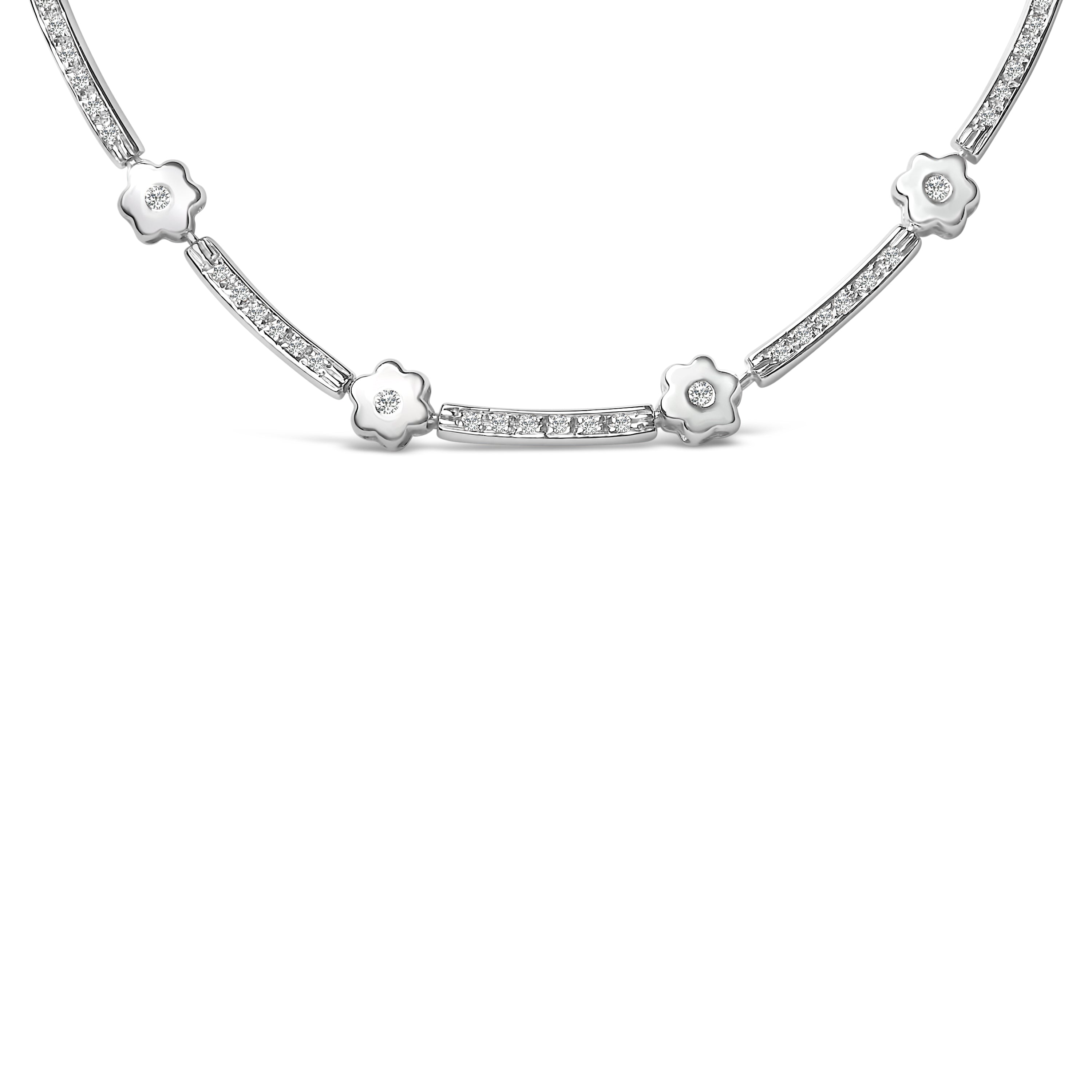 14K White Gold 1.0 Cttw Diamond Flower and Bar Station Necklace by Bids.com