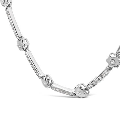 14K White Gold 1.0 Cttw Diamond Flower and Bar Station Necklace by Bids.com