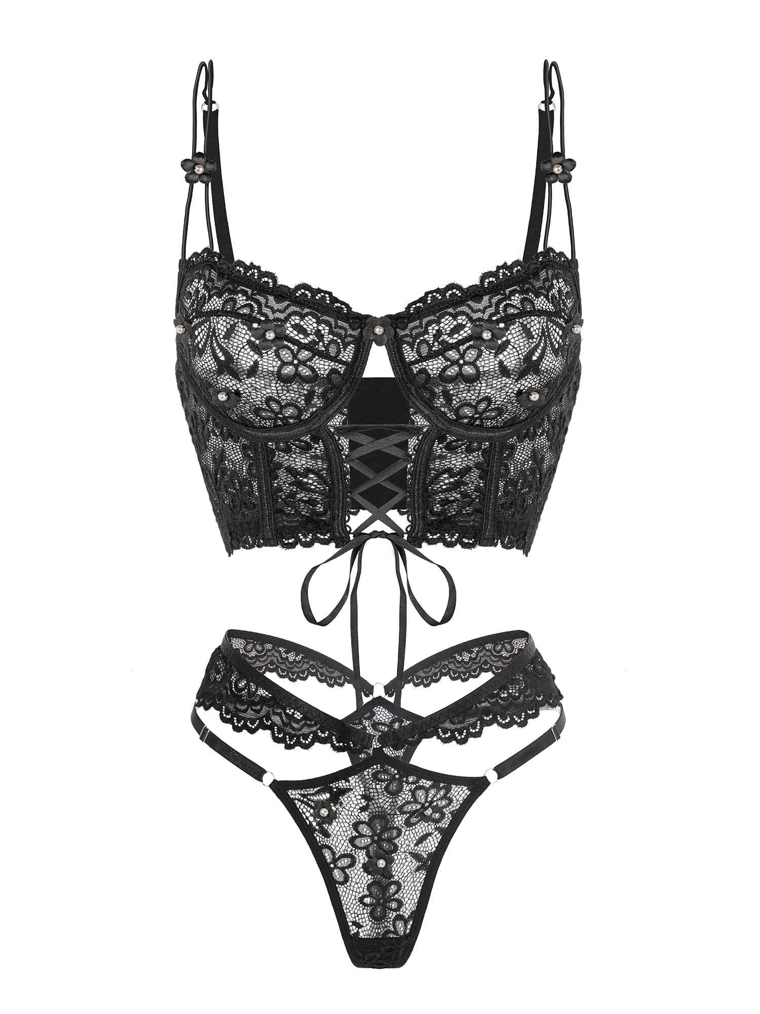 Black Pearls Small Flower Lace Lingerie Set